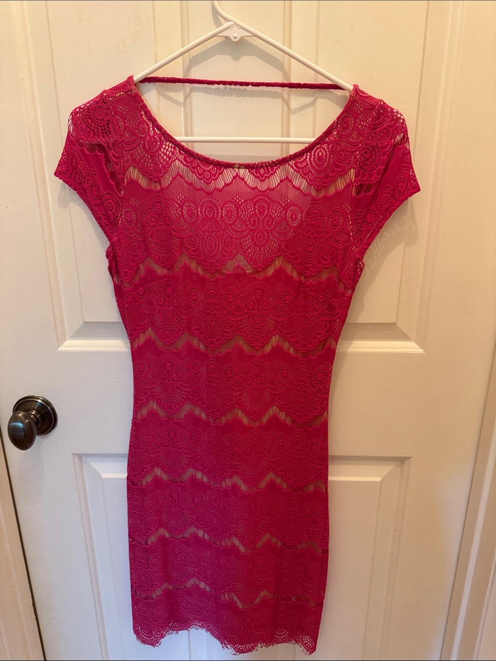 bebe Hot Pink Lace Cap-Sleeve Mini Dress